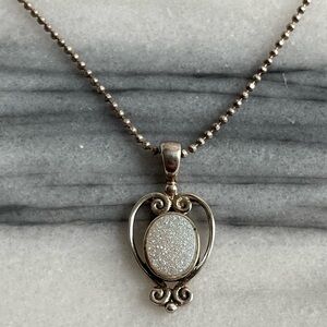 SAJEN Sterling Silver White Druzy Quartz Pendant Necklace 18” Chain Signed